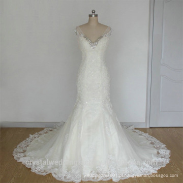 Vestidos de noiva mais recentes Alibaba Elegante e pesado com pérolas de renda branca Vestidos de noiva Novia com boné LW253A
